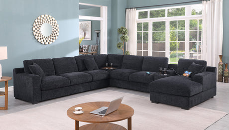 Chiara 141.5'W Dark Gray Chenille Fabric Corner Sectional Sofa with Right-Facing Chaise, Cupholders, and Charging Ports - sold by Home Elegance USA