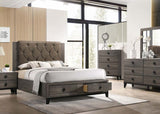 Acme - Avantika EK Bed W/Storage 27667EK Fabric & Rustic Gray Oak Finish