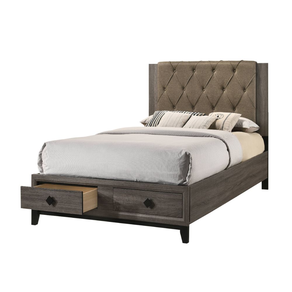 Acme - Avantika Queen Bed W/Storage 27670Q Fabric & Rustic Gray Oak Finish