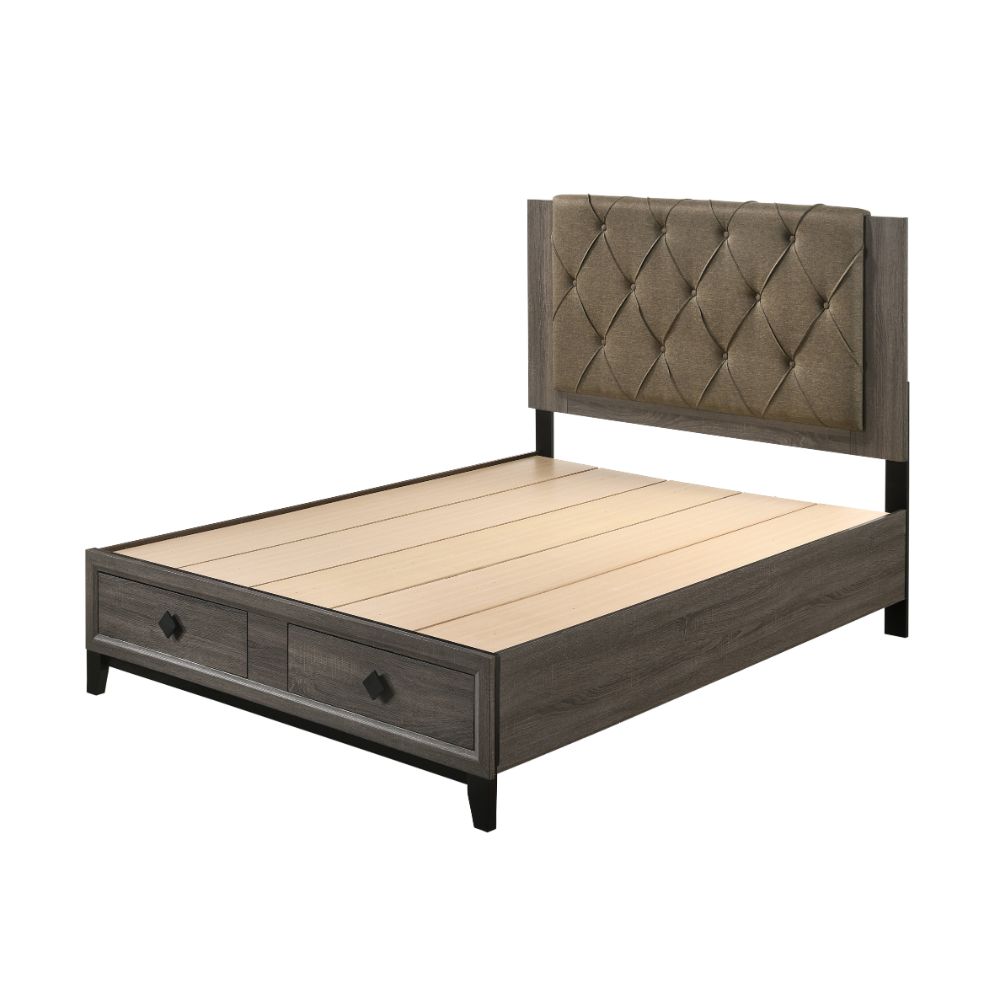 Acme - Avantika Queen Bed W/Storage 27670Q Fabric & Rustic Gray Oak Finish