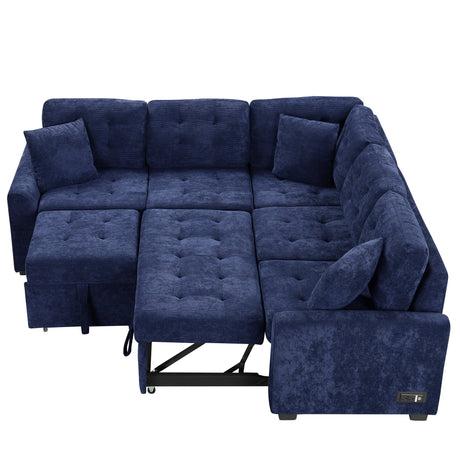 Navy Blue L-shape Sofa Bed with Pull-out Sleeper, USB Ports, Power Sockets, Corded Velveteen, 82.6' - sold by Home Elegance USA