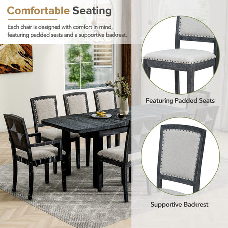 TOPMAX Rustic Extendable Dining Table Set with Removable Leaf, Upholstered Dining Chairs, Black, Rubberwood, 84 Inch - sold by Home Elegance USA