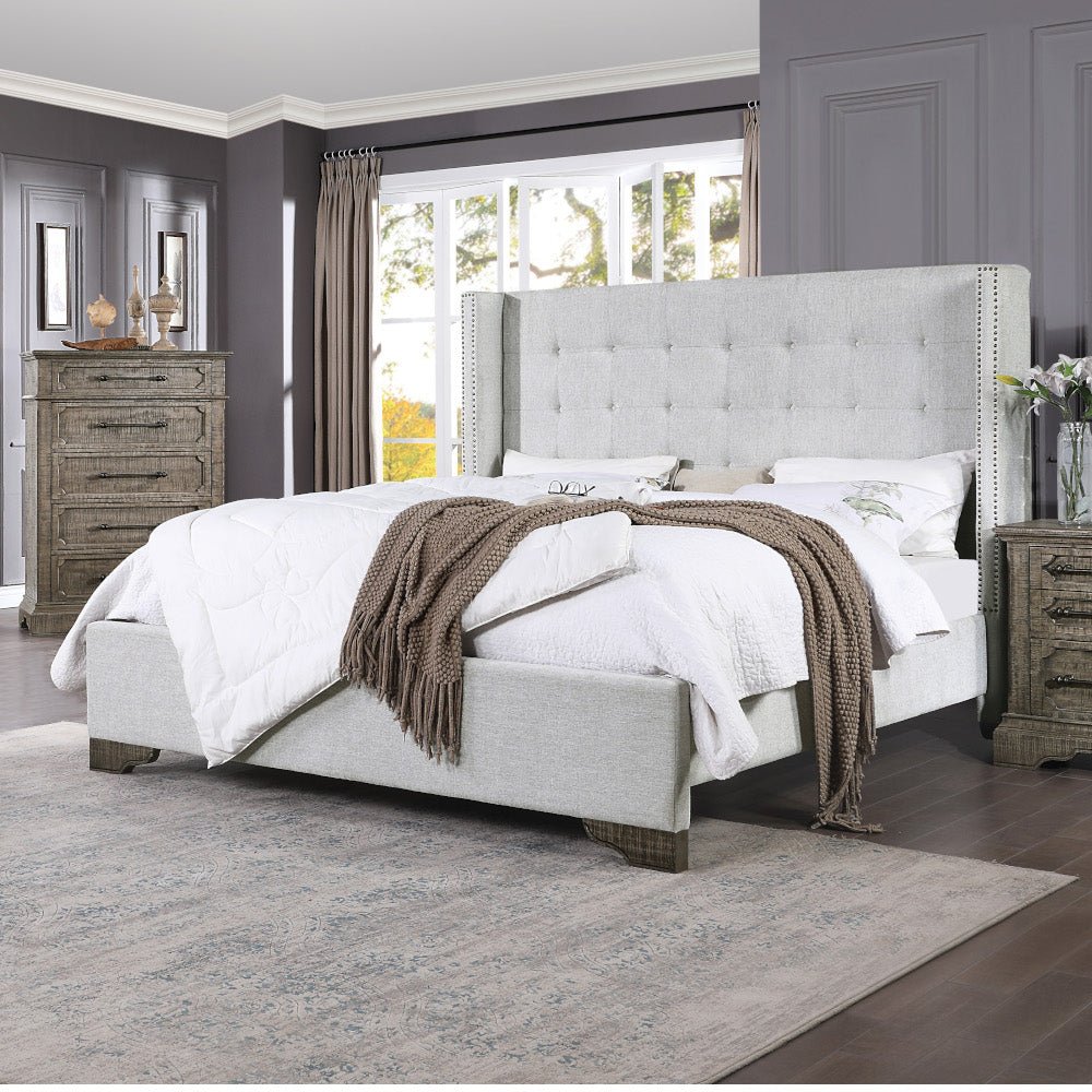 Artesia Queen Bed 27700Q Tan Fabric & Salvaged Natural Finish | Acme - 27700Q - Home Elegance USA - 1