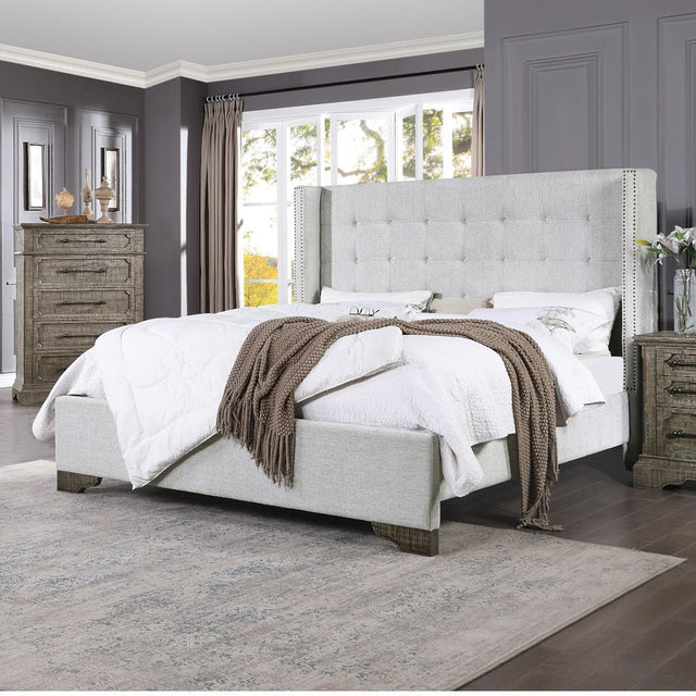 Artesia Queen Bed 27700Q Tan Fabric & Salvaged Natural Finish | Acme - 27700Q - Home Elegance USA - 1