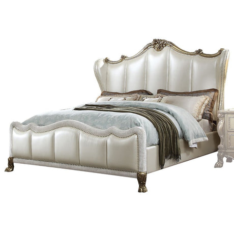 Acme - Dresden II CK Bed 27814CK Pearl White Synthetic Leather & Gold Patina Finish