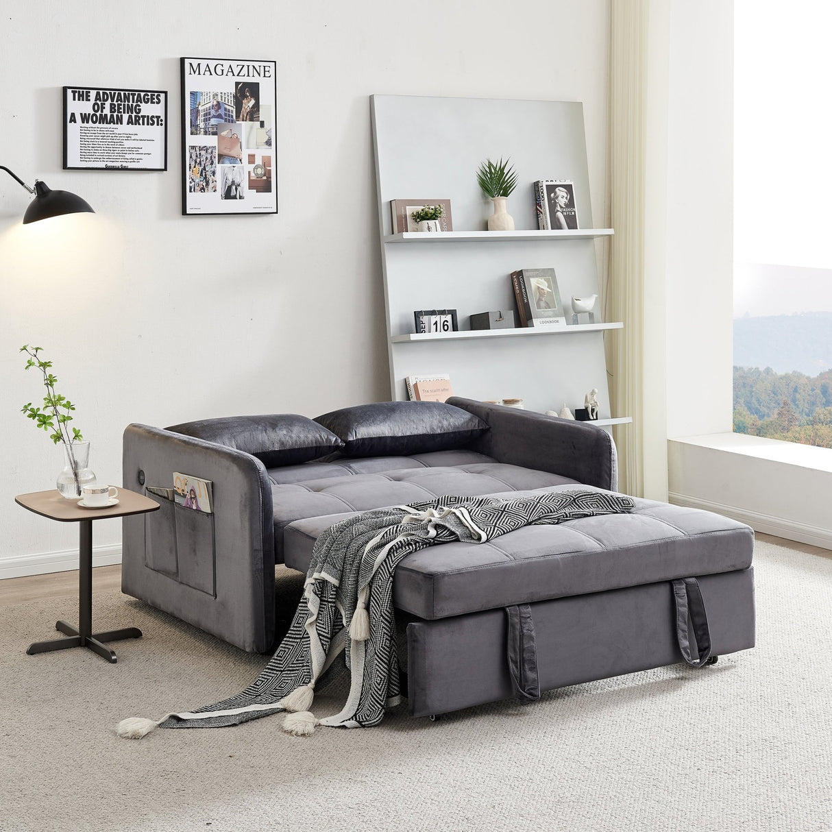 55.5" Twins Pull Out Sofa Bed Grey Velvet - W1097104077 - image - 3