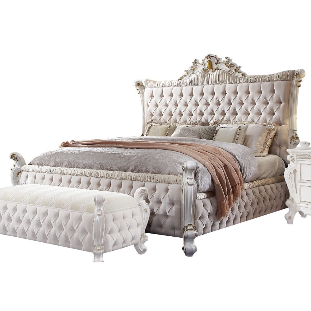 Acme - Picardy CK Bed 27874CK Fabric & Antique Pearl Finish