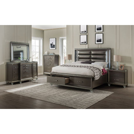 Acme - Sadie Queen Bed W/Led & Storage 27940Q Synthetic Leather & Dark Champagne Finish