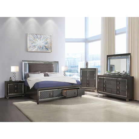 Acme - Sawyer Queen Bed W/Led & Storage 27970Q Synthetic Leather & Metallic Gray Finish