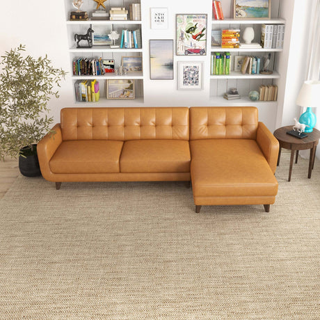 Allison Right-Facing Tan Leather Sectional Sofa Mid-Century Modern Style 113 x 59 x 32 Inches - sold by Home Elegance USA