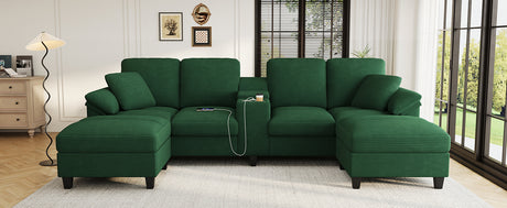 Modern Green U-shaped Sectional Sofa with Corduroy Upholstery, Hidden Storage Ottomans, USB Ports, and Cup Holders, 116.9' - sold by Home Elegance USA