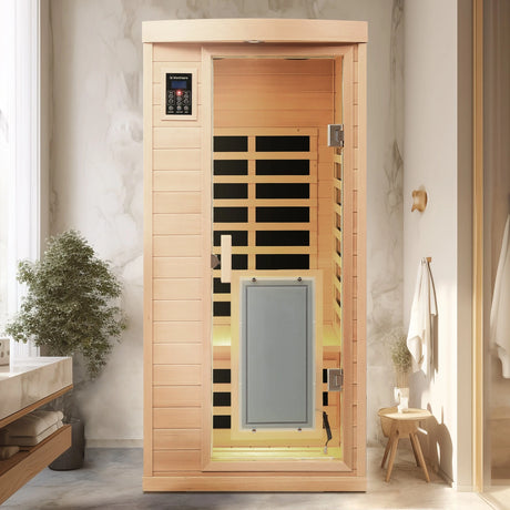 Low EMF Hemlock Far-Infrared Indoor Sauna with Heating Panels – One Person - sold by Home Elegance USA