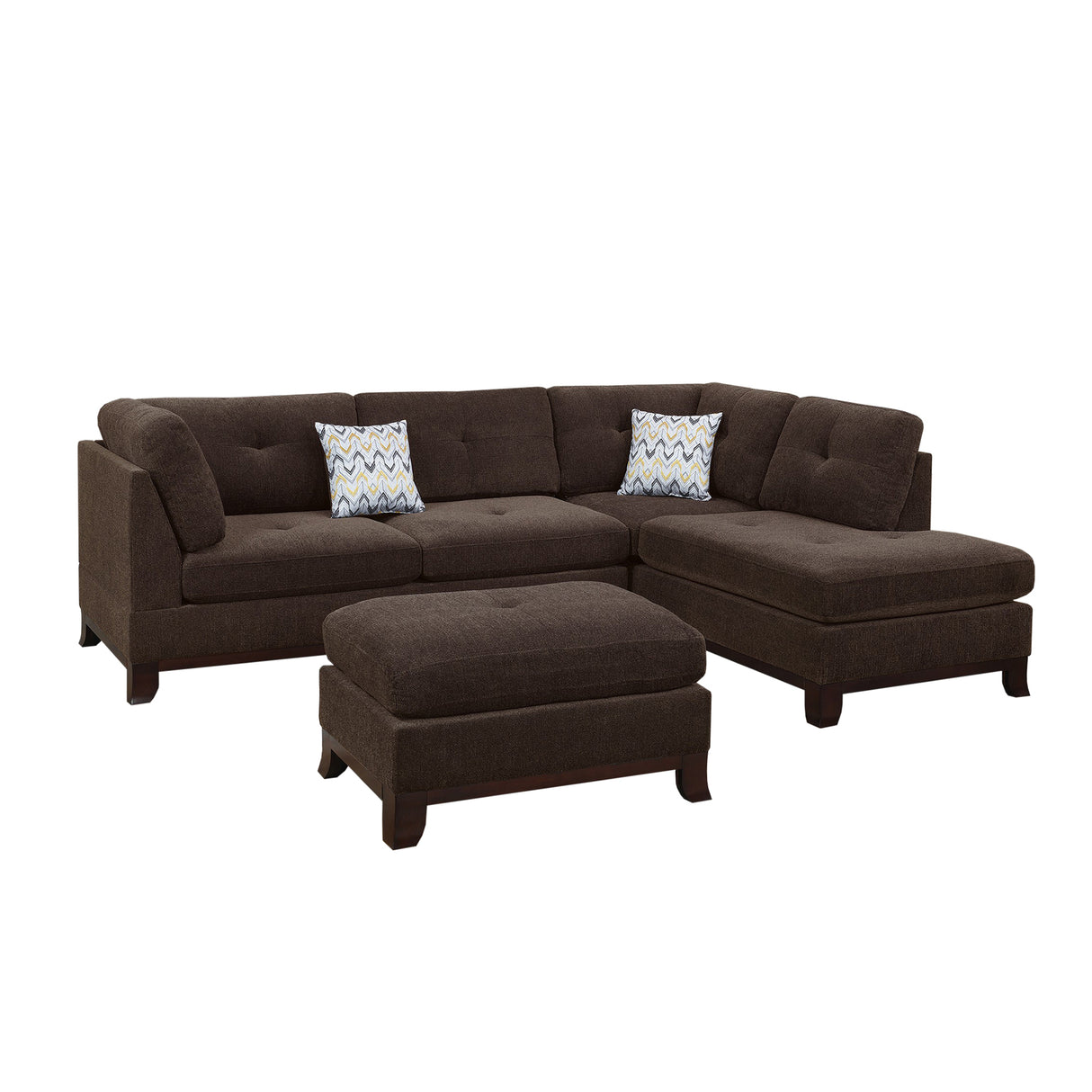 Chenille Reversible Sectional Sofa with Ottoman, Dark Coffee