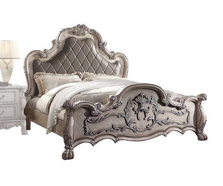 Acme - Dresden EK Bed 28167EK Synthetic Leather & Vintage Bone White Finish