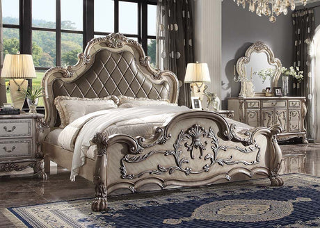 Acme - Dresden EK Bed 28167EK Synthetic Leather & Vintage Bone White Finish