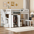 Full Size Loft Bed with Stairs, Bookshelf, Drawers, Desk & Wardrobe – Space-Saving Multifunctional Furniture for Kids & Teens-White