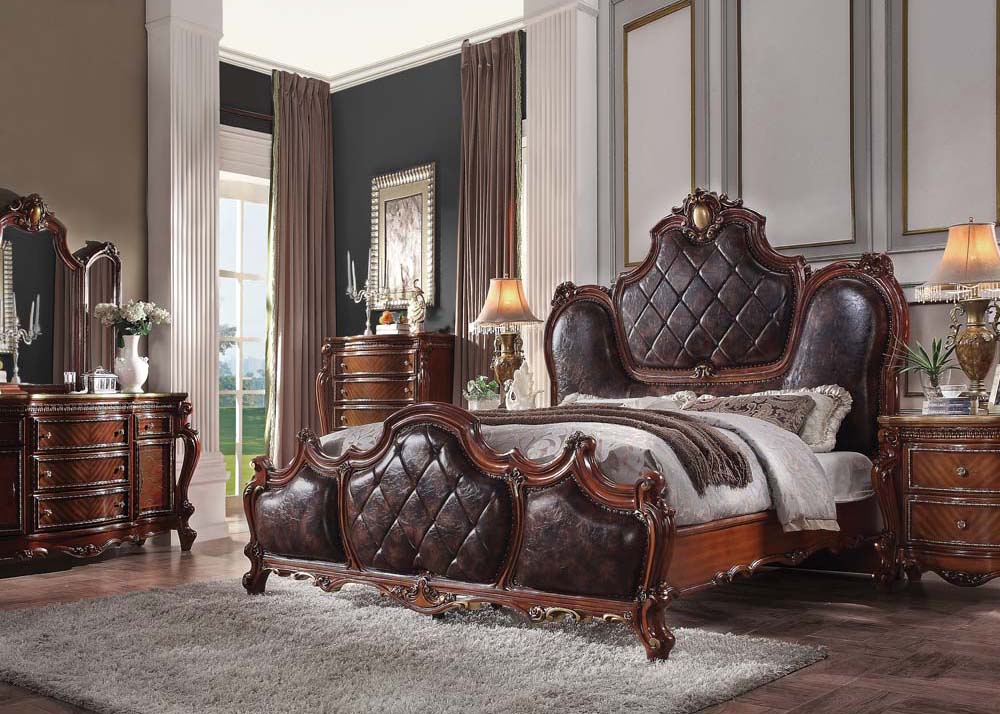 Acme - Picardy EK Bed 28237EK Synthetic Leather & Honey Oak Finish