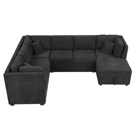 U-shaped Sectional Sofa Pull Out Bed with USB Ports, Power Sockets, Back Pillows & Storage Chaise, Black Chenille, 108.6' - sold by Home Elegance USA