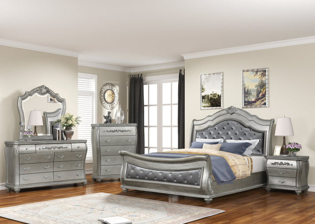 Destiny Traditional Style 5 Pc Queen Bedroom Set With Upholstered Crystal - Tufted bed Made with Wood in Silver