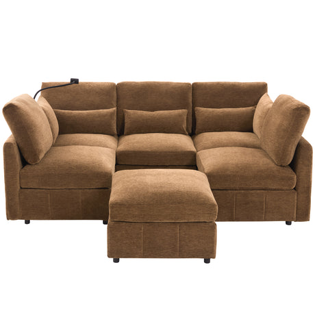 Modern Sectional Sofa Modular Sofa 85.4' U-shaped Sofa Couch with Movable Ottoman, USB Ports, Phone Holder, Brown Chenille - sold by Home Elegance USA