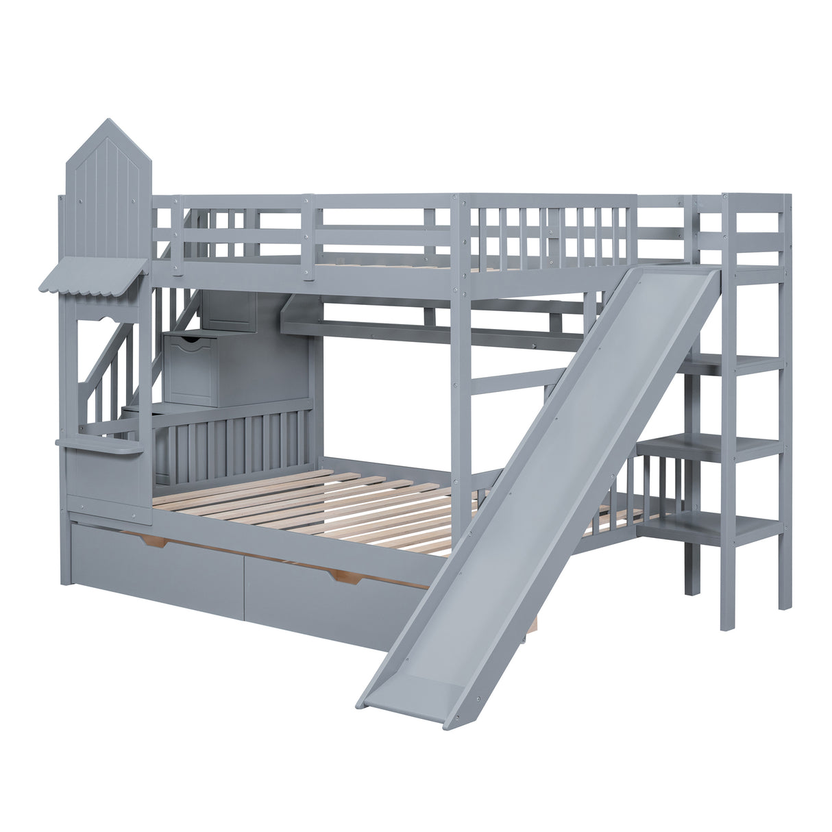 Full-Over-Full Castle Style Bunk Bed with 2 Drawers 3 Shelves and Slide - Gray(OLD SKU:LT000558AAE-2) - sold by Home Elegance USA