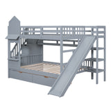 Full-Over-Full Castle Style Bunk Bed with 2 Drawers 3 Shelves and Slide - Gray(OLD SKU:LT000558AAE-2) - sold by Home Elegance USA