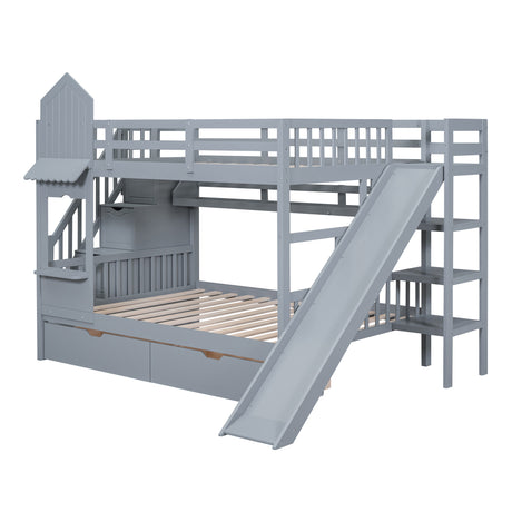 Full-Over-Full Castle Style Bunk Bed with 2 Drawers 3 Shelves and Slide - Gray(OLD SKU:LT000558AAE-2) - sold by Home Elegance USA