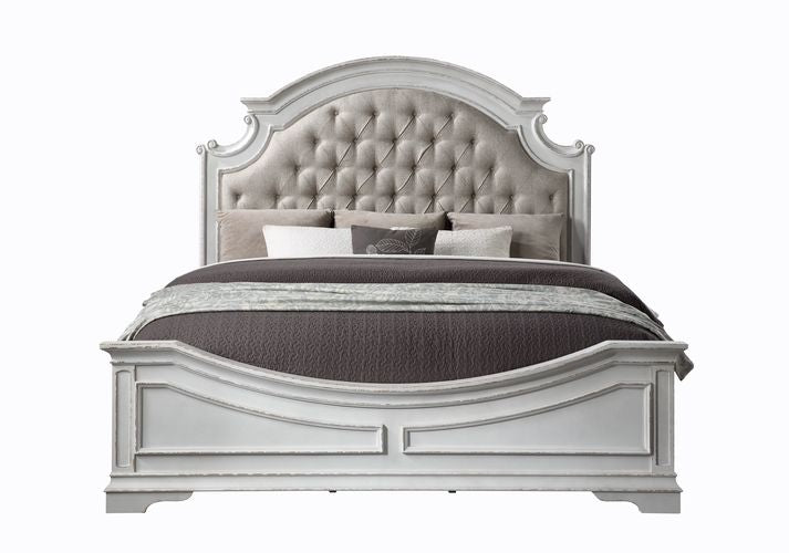 Acme - Florian EK Bed 28717EK Beige Synthetic Leather & Antique White Finish