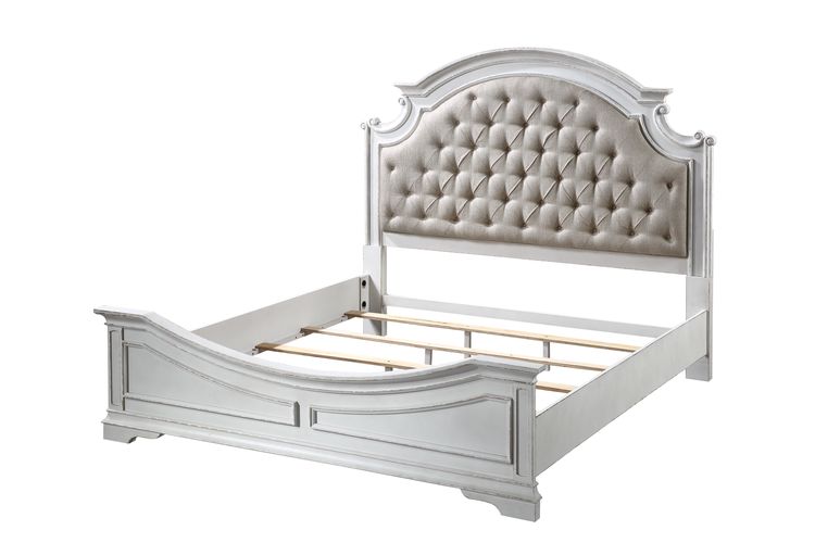 Acme - Florian EK Bed 28717EK Beige Synthetic Leather & Antique White Finish