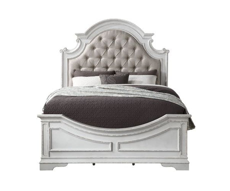 Acme - Florian Queen Bed 28720Q Beige Synthetic Leather & Antique White Finish