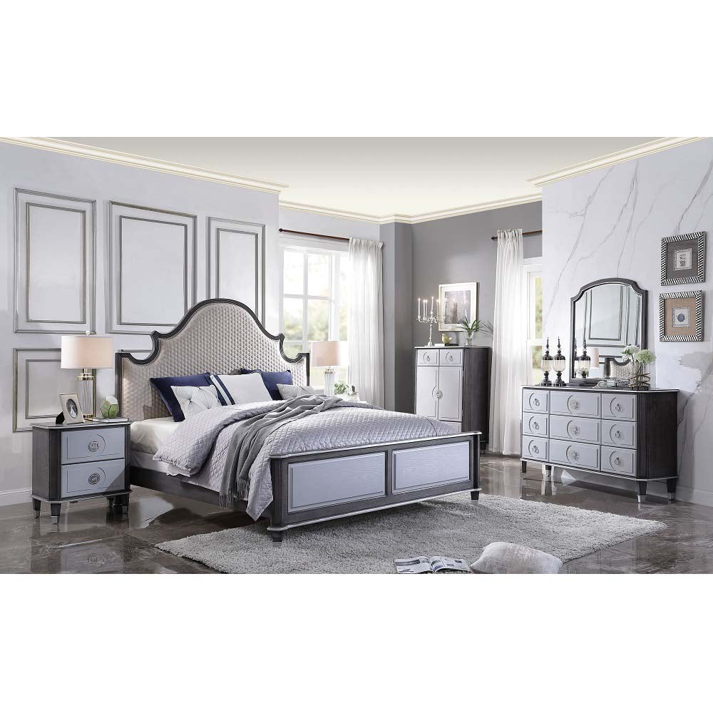 Acme - House Beatrice CK Bed 28804CK Two Tone Beige Fabric, Charcoal & Light Gray Finish