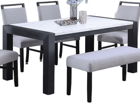 Modern Style Dining Table 4x Side Chairs Dining Bench White Faux Marble Top Table Bench 4x Chairs Wooden 6pc Dining Set - sold by Home Elegance USA