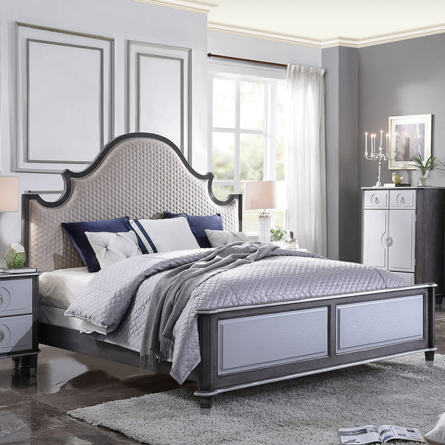 Acme - House Beatrice Queen Bed 28810Q Two Tone Beige Fabric, Charcoal & Light Gray Finish