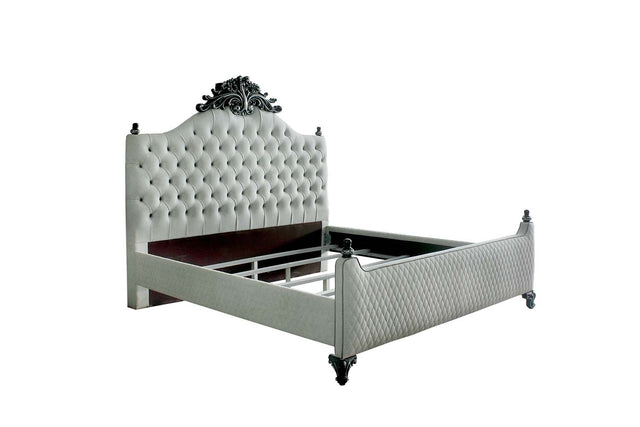 Acme - House Delphine Queen Bed 28850Q Two Tone Ivory Fabric & Charcoal Finish