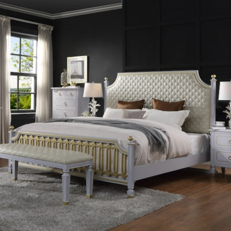 Acme - House Marchese Queen Bed 28890Q Beige Synthetic Leather & Pearl Gray Finish