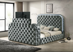 Kana Gray Upholstery Velvet Eastern King Bed w/LED, Fireplace & TV Stand