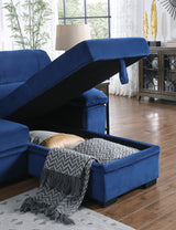 Kipling Blue Velvet Fabric Reversible Sleeper Sectional Sofa Chaise - Home Elegance USA