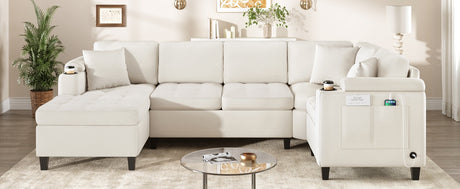 Modern U-shaped Sectional Sofa 115.7' with Built-in Cup Holders, Storage, USB Ports in Beige Chenille Fabric - sold by Home Elegance USA