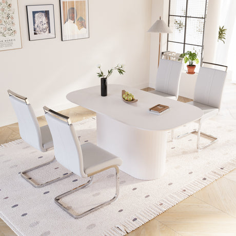 63 'medieval modern cream style MDF dining table and PU armless dining chair set 4. Assemble Desktop and Silver plated metal leg dining chair set, suitable for home&kitchen - sold by Home Elegance USA