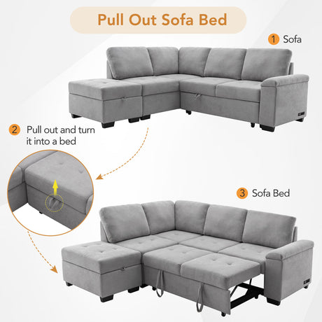 Sleeper Sectional Sofa, L-Shape Corner Couch Sofa-Bed with Storage Ottoman & Hidden Arm Storage & USB Charge  for Living Room Apartment, Gray - sold by Home Elegance USA