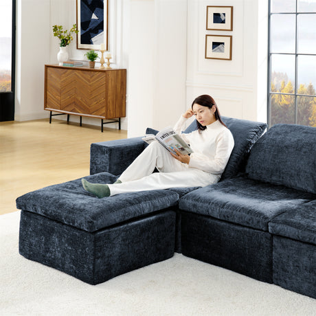 Modern U-Shaped 143' Cloud Sectional Couch with Comfy Chaise in Blue Chenille - sold by Home Elegance USA
