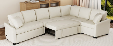 L-shaped Convertible Sofa Bed with USB Ports and Power Sockets, Beige Chenille Fabric, 124.8' Length - sold by Home Elegance USA