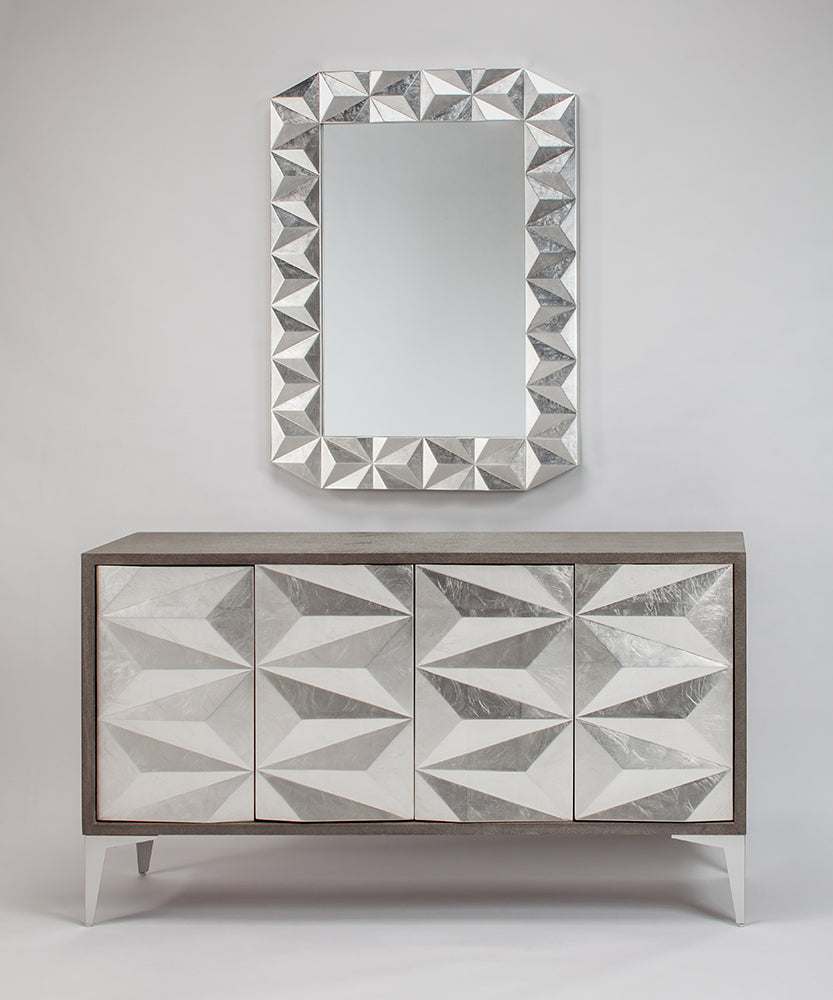 Artmax 2927-S Cabinet | Hand-Painted Silverleaf Spike Design Storage Cabinet with Optional Mirror