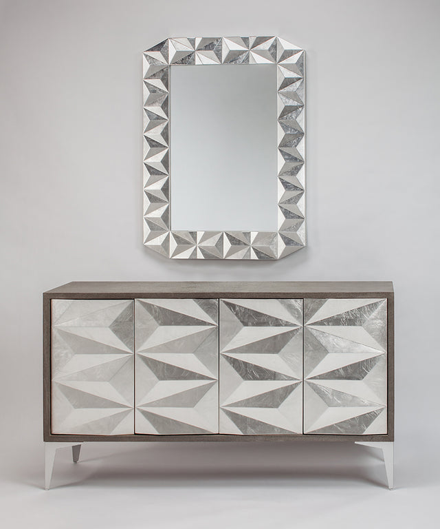 Artmax 2927-S Cabinet | Hand-Painted Silverleaf Spike Design Storage Cabinet with Optional Mirror