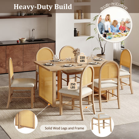 TREXM 7-Piece Farmhouse Dining Table Set for 6 - 59.8' Rectangular Dining Table with Distressed Oak Veneer and 6 Rattan Chairs, Rustic Kitchen Furniture for Dining Room(Natural) - sold by Home Elegance USA