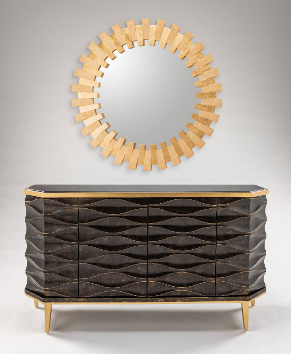 Artmax 2933-S Cabinet | 66-Inch 3D Wave Design Black Marble Top Storage Cabinet with Optional Mirror