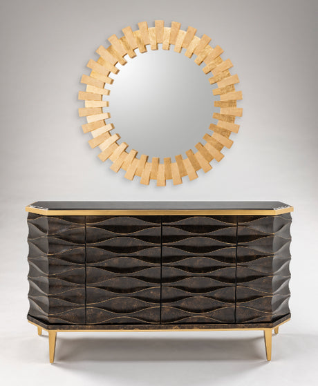 Artmax 2933-S Cabinet | 66-Inch 3D Wave Design Black Marble Top Storage Cabinet with Optional Mirror
