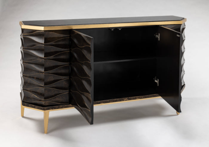 Artmax 2933-S Cabinet | 66-Inch 3D Wave Design Black Marble Top Storage Cabinet with Optional Mirror