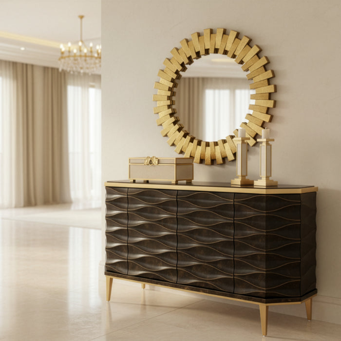 Artmax 2933-S Cabinet | 66-Inch 3D Wave Design Black Marble Top Storage Cabinet with Optional Mirror