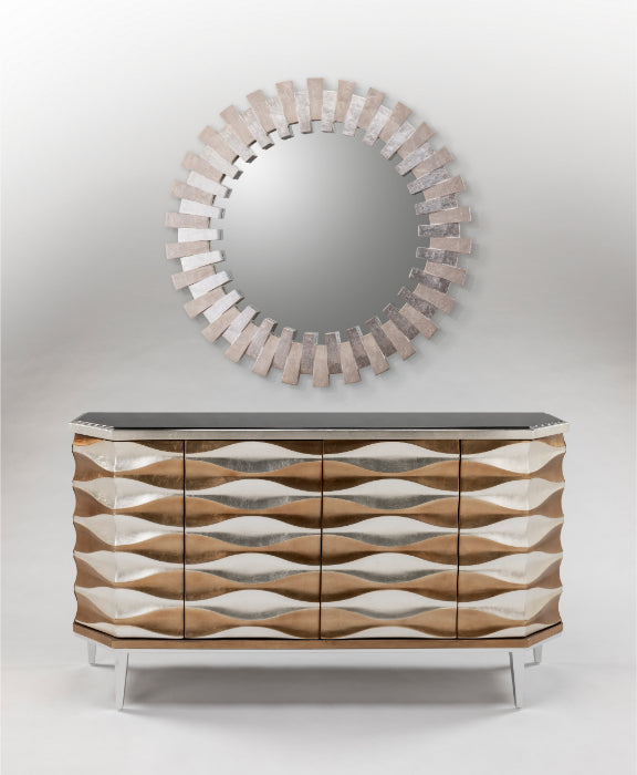 Artmax 2934-S Cabinet | 66-Inch 3D Wave Design Marble Top Storage Cabinet with Optional Mirror